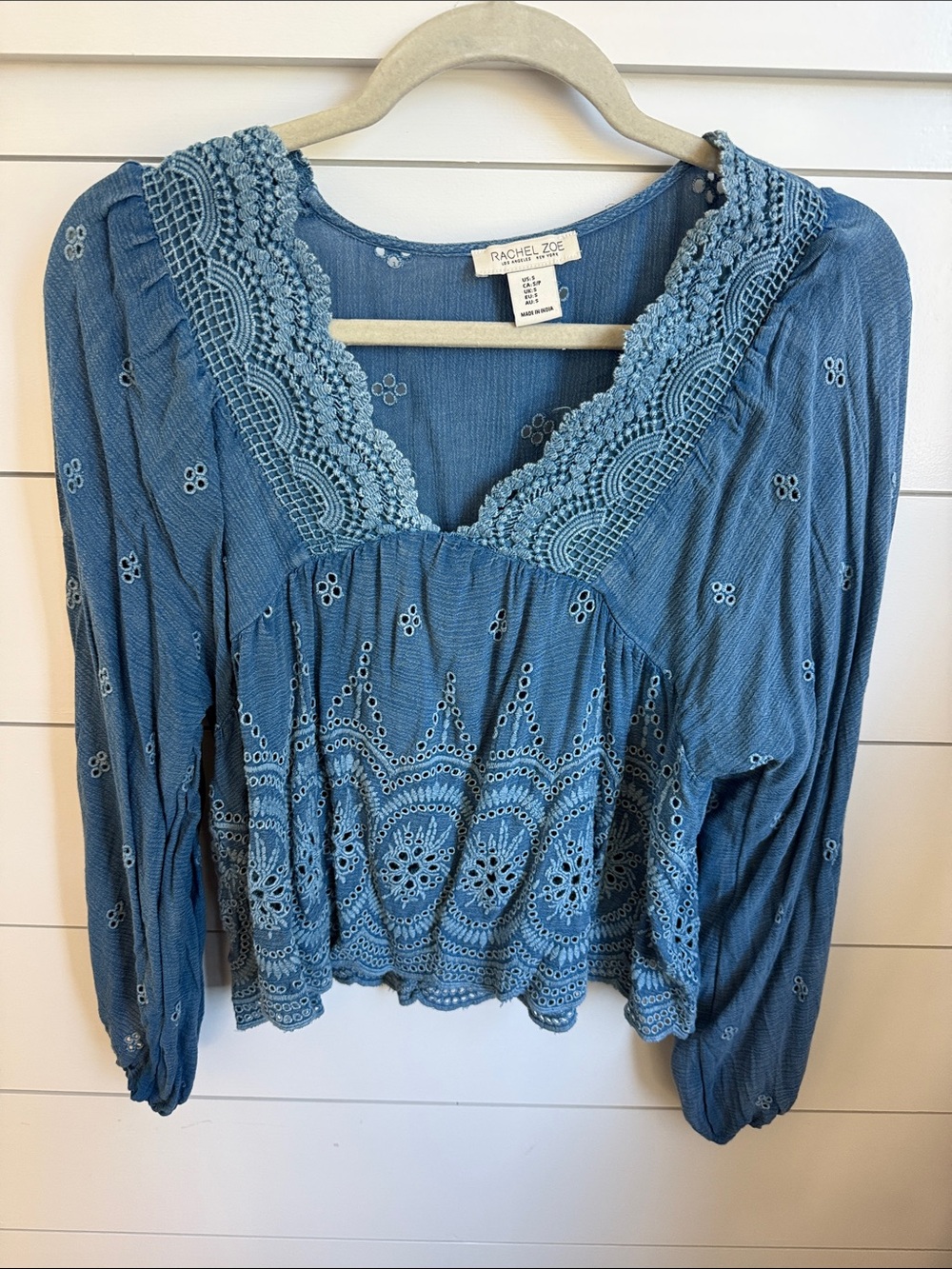 Rachel Zoe Sky Blue Crochet-Trim Boho Blouse